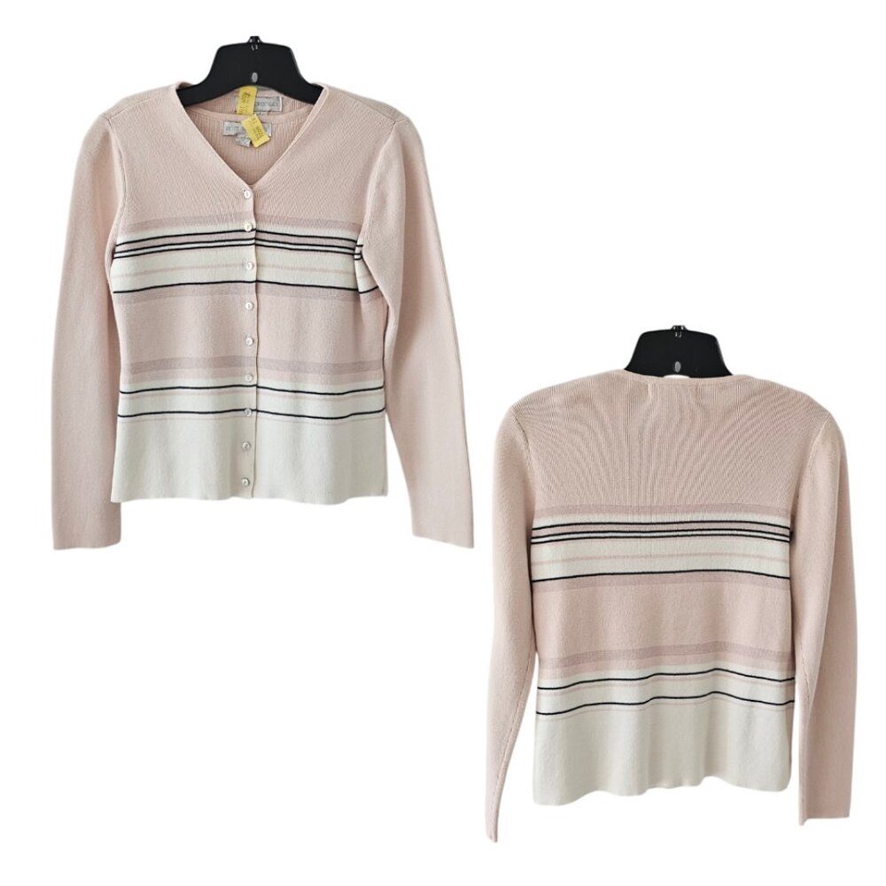 Petite Sophisticate Striped Sweater Set  | EUC | XSP | Pink Cream Navy - Picture 4 of 16